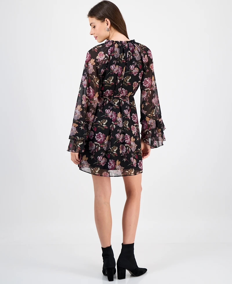 Sam Edelman Women's Flare-Sleeve Ruffled Dark Rose Mini Dress