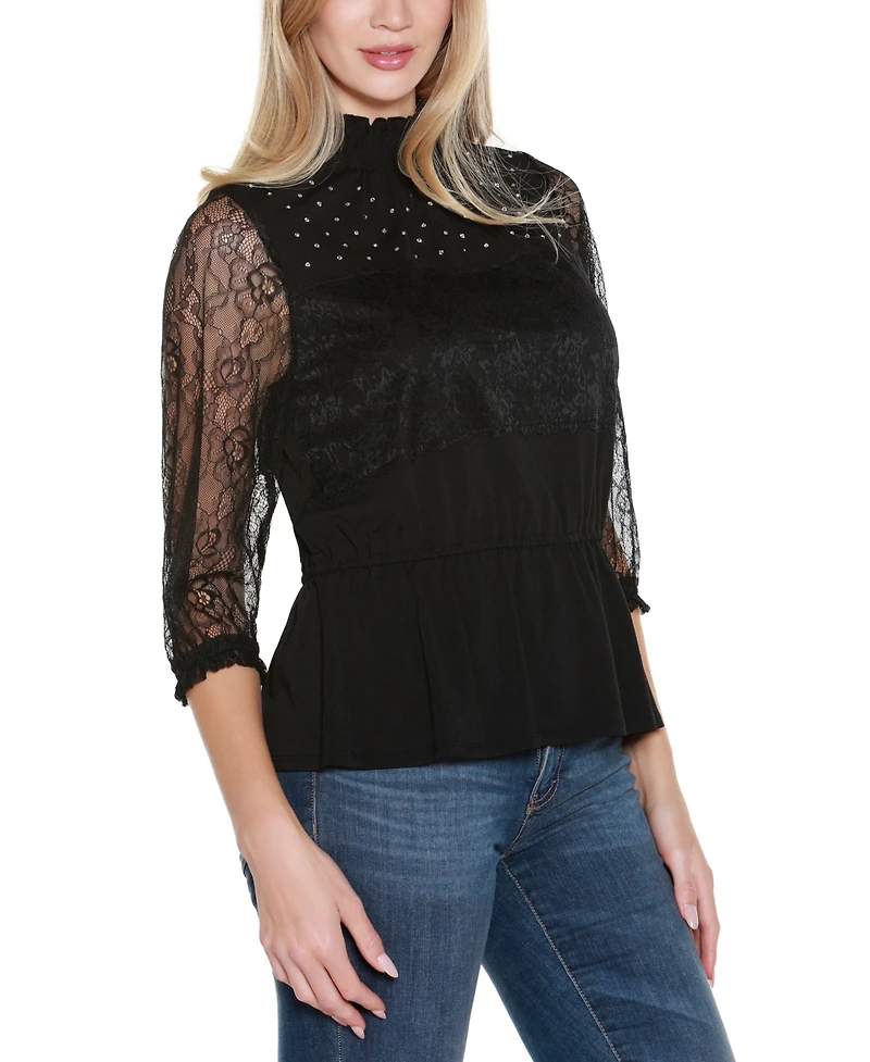 Belldini Women's Mixed-Media Embellished Knit Top