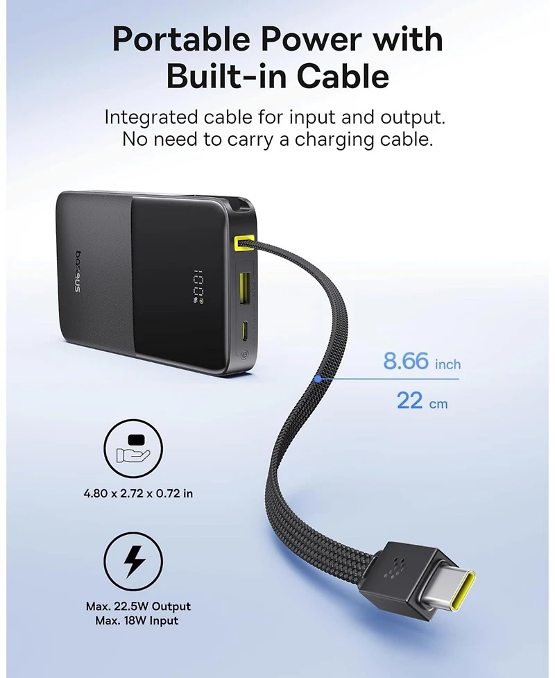Baseus Portable Charger, 22.5W Pd Fast Charging 10000mAh Power Bank, Built-in Braided Usb C Cable Battery Pack, Travel Essentials Portable Phone Charg