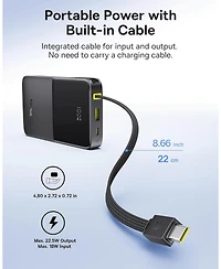 Baseus Portable Charger, 22.5W Pd Fast Charging 10000mAh Power Bank, Built-in Braided Usb C Cable Battery Pack, Travel Essentials Portable Phone Charg