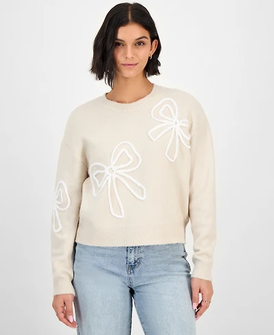 Hooked Up by Iot Juniors' Soutache Bow Crewneck Sweater