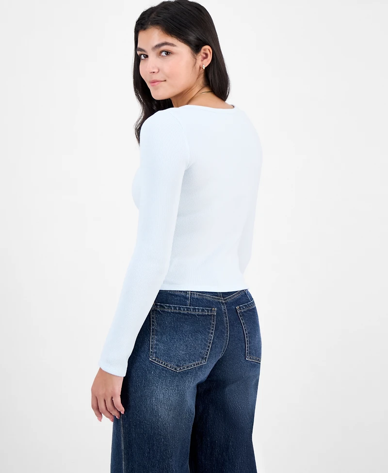 Madden Girl Juniors' Hacci Embroidered Long-Sleeve Henley