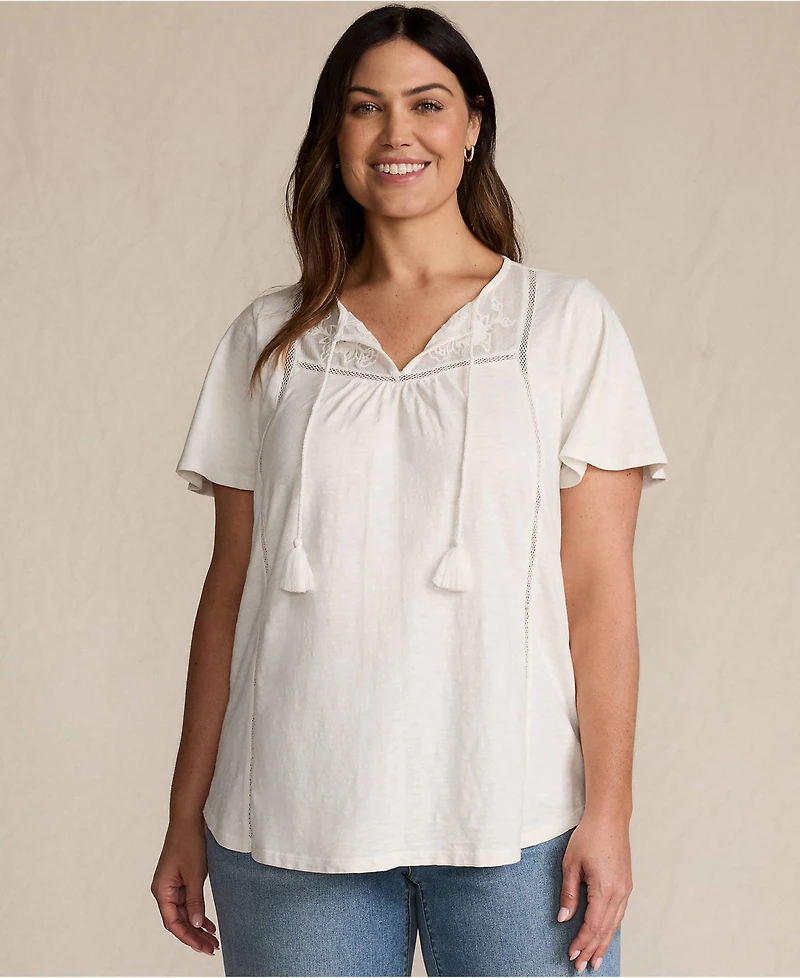 Lands' End Women's Plus Slub Flutter Sleeve Lace Trim Notch Neck Tunic Top