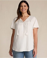 Lands' End Women's Plus Slub Flutter Sleeve Lace Trim Notch Neck Tunic Top