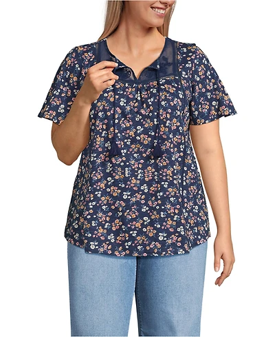 Lands' End Women's Plus Slub Flutter Sleeve Lace Trim Notch Neck Tunic Top
