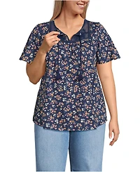 Lands' End Women's Plus Slub Flutter Sleeve Lace Trim Notch Neck Tunic Top