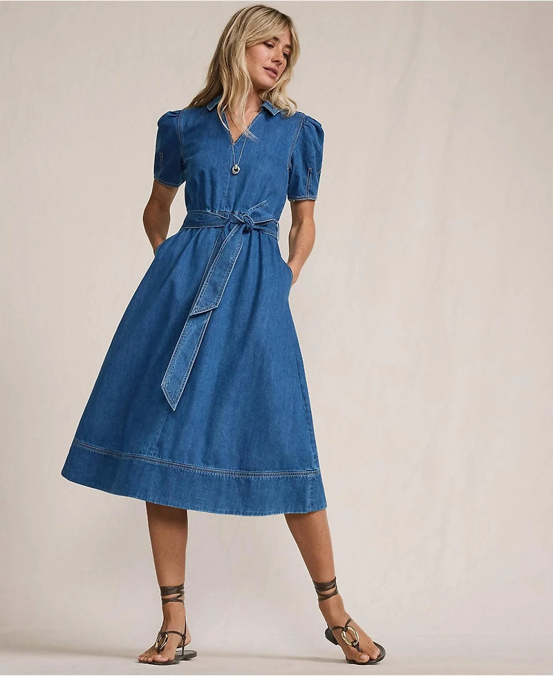 Lands' End Women's Soft Denim Puff Sleeve Midi Dress