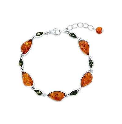 Caribbean Treasures Sterling Silver, Alternating Irregular Shaped Green & Amber Bracelet