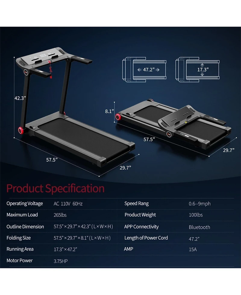 Akiudex Folding Electric Treadmill with Lcd Display and Bluetooth