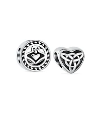Bling Jewelry Set of 2 Bff Celtic Claddagh & Irish Infinity Love Knot Heart Charm Bead Sterling Silver