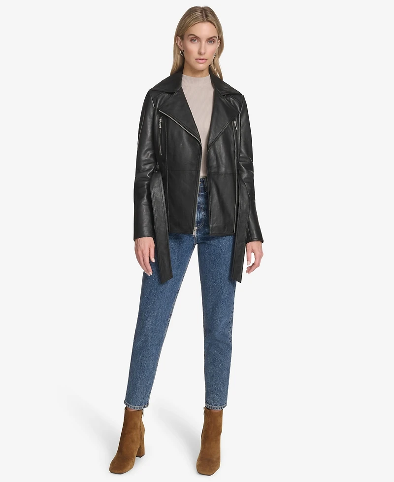 Andrew Marc Women's Violet Belted Moto Leather Jacket