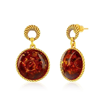 Caribbean Treasures Sterling Silver, Round Amber, Rope Design Outline Earrings - Gold Plated