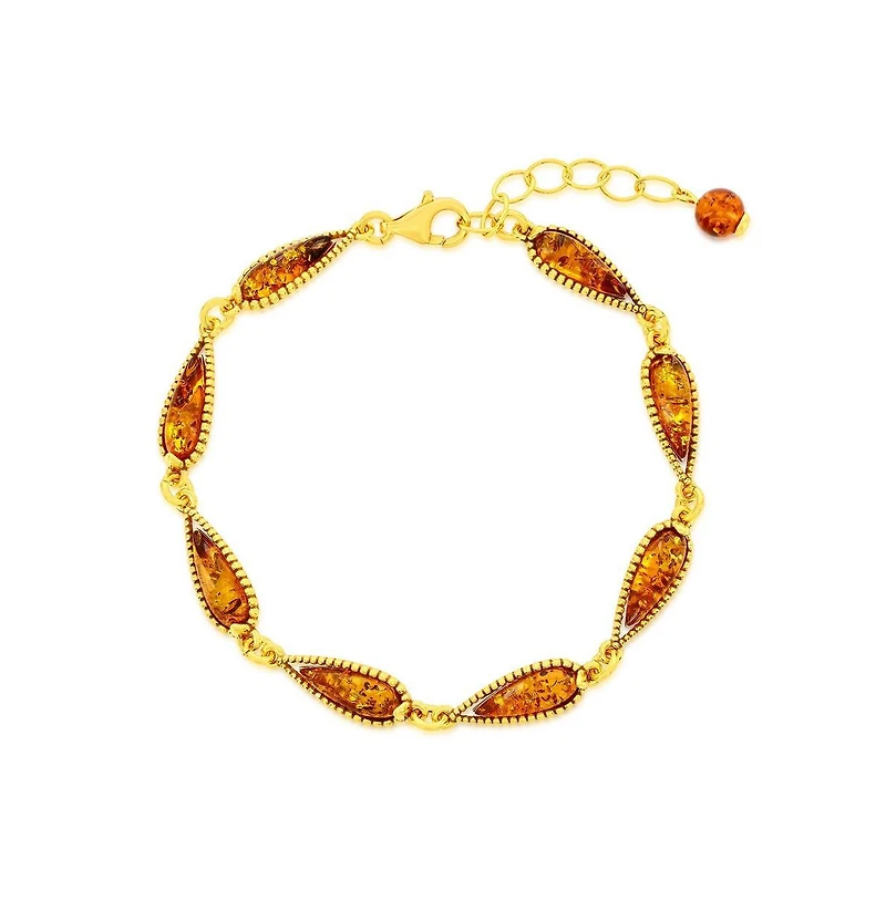 Caribbean Treasures Sterling Silver, Teardrop Amber Link Bracelet - Gold Plated