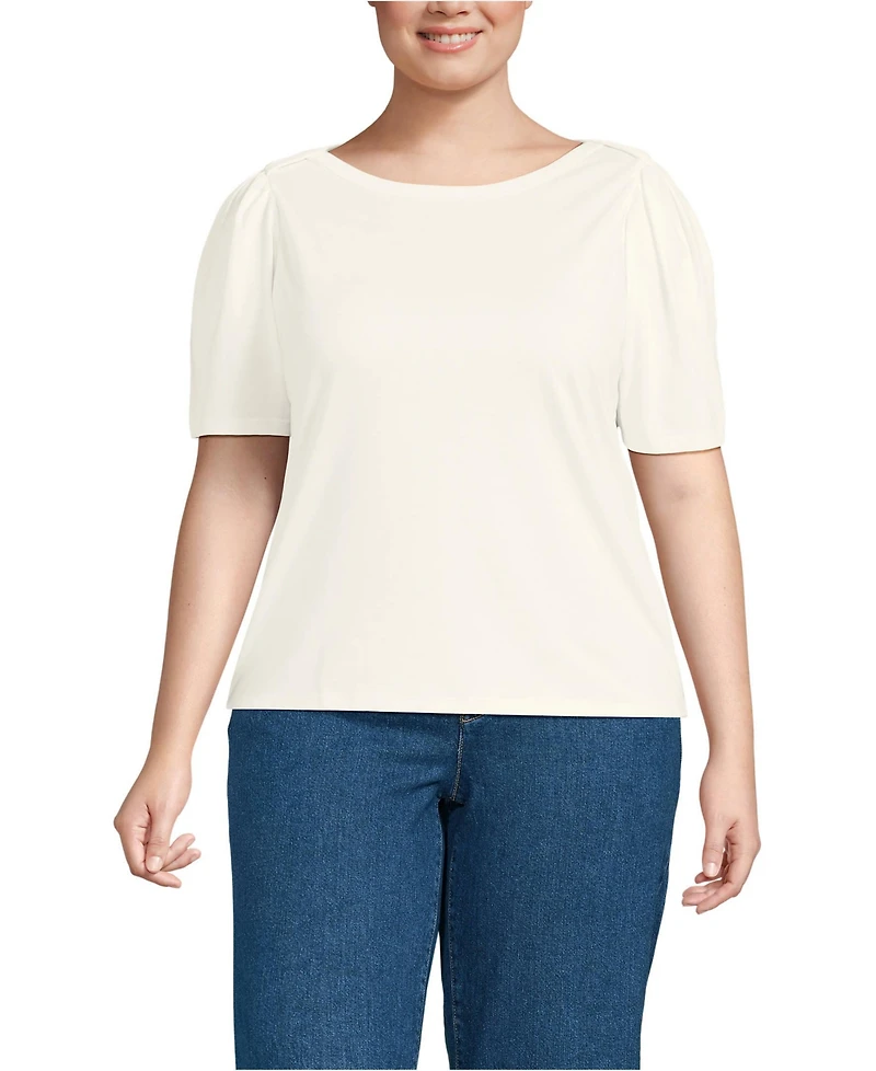 Lands' End Plus Elbow Sleeve Supima Cotton Boatneck T-Shirt