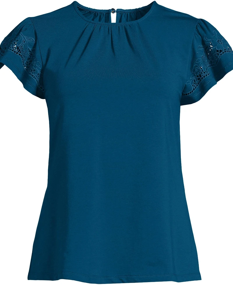 Lands' End Women's Plus Lightweight Jersey Crew Neck Ruffle Sleeve Flowy Top