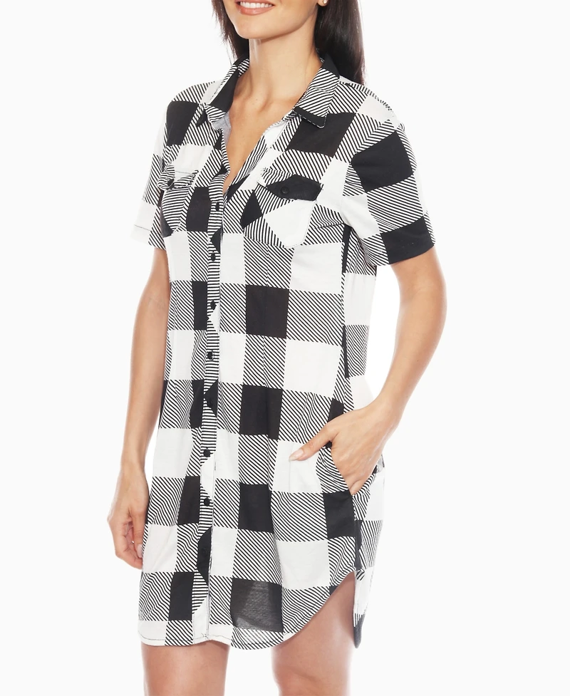 White Mark Women's Short Sleeve Plaid Button-Down Shirt Dress