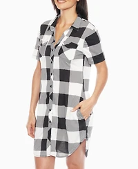 White Mark Women's Short Sleeve Plaid Button-Down Shirt Dress
