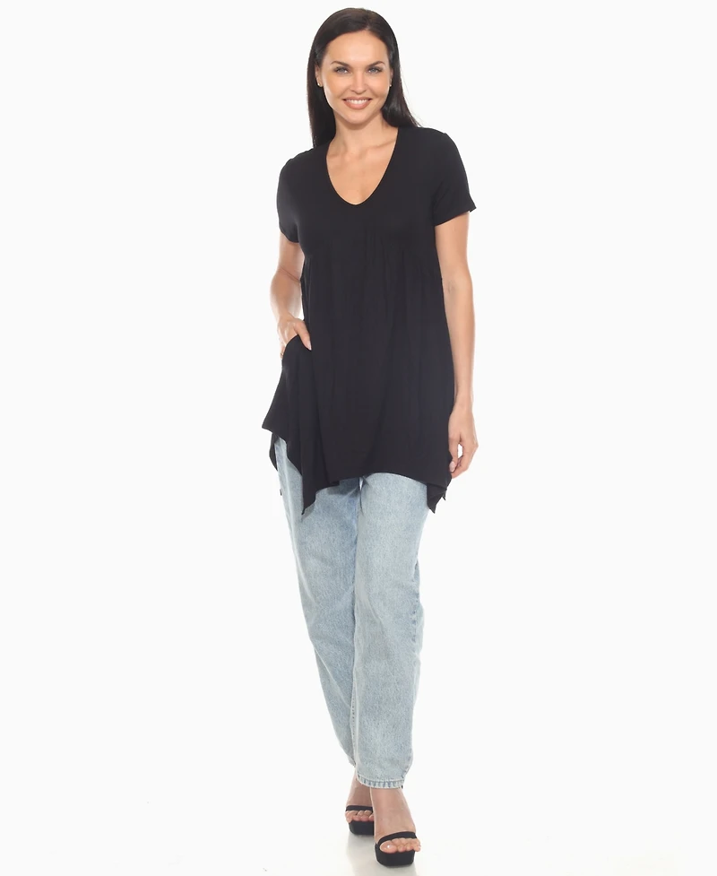 White Mark Women's Short Sleeve Shirred Front Knit Tunic Top