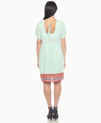 White Mark Women's Short Sleeve Embroidered V-Neck Shift Dress