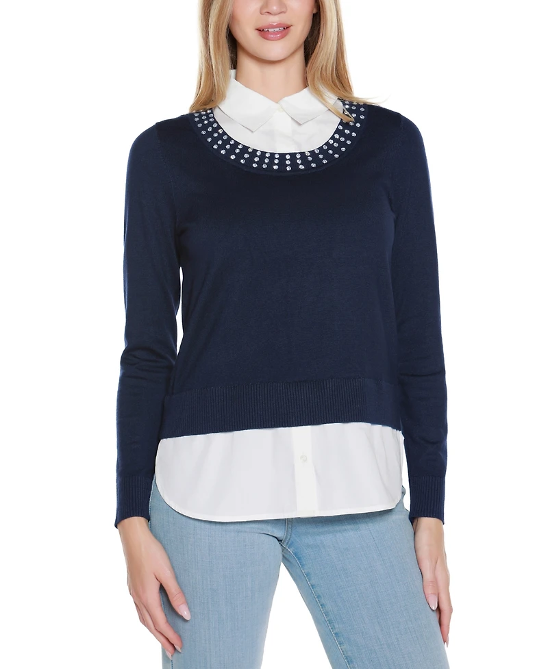 Belldini Women's Rhinestone-Neckline Two-Fer Sweater