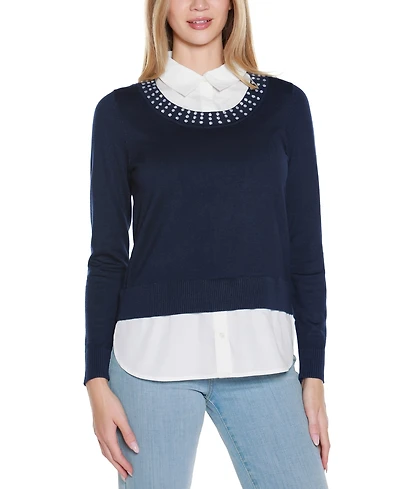 Belldini Women's Rhinestone-Neckline Two-Fer Sweater