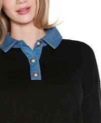 Belldini Women's Denim-Trim Twofer Sweater