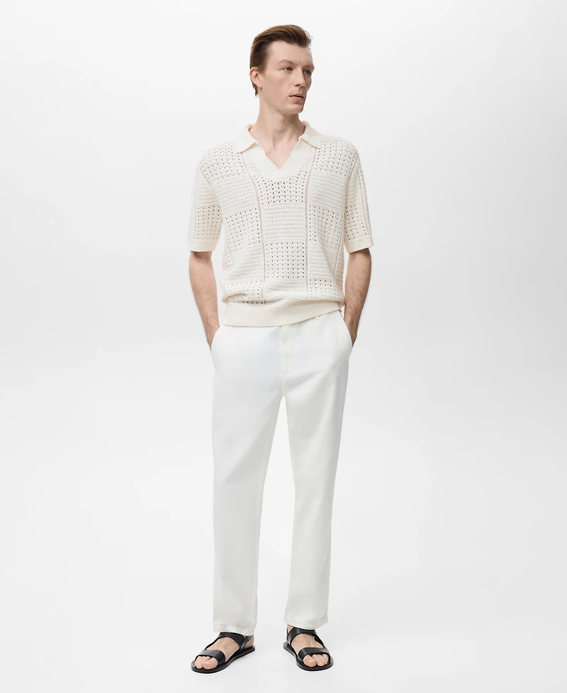 Mango Men's Openwork Knitted Cotton Polo Shirt