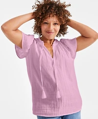 Style & Co Petite Cotton Flutter-Sleeve Ruffle Top, Created for Macy's