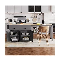 Maison Boucle 74.5" Kitchen Island with Pull-Out Dining Table, Rolling Storage Cart 2 Drawers, Cabinets & Spice Rack-Maison