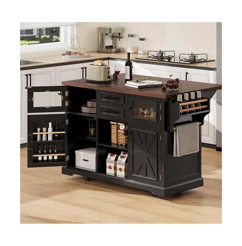 Maison Boucle 54.9" Rolling Kitchen Island with Drop Leaf & Power Outlet, Farmhouse Storage Cart Adjustable Shelves-Maison