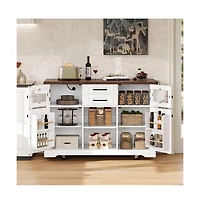 Maison Boucle 54.9" Rolling Kitchen Island with Drop Leaf & Power Outlet, Farmhouse Storage Cart with Adjustable Shelves-Maison Boucle