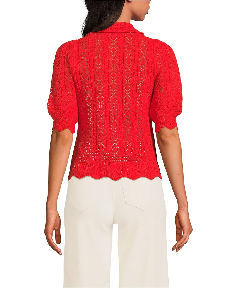 Lands' End Women's Lace Pointelle Puff Sleeve Cardigan Sweater
