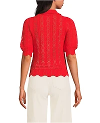 Lands' End Women's Lace Pointelle Puff Sleeve Cardigan Sweater