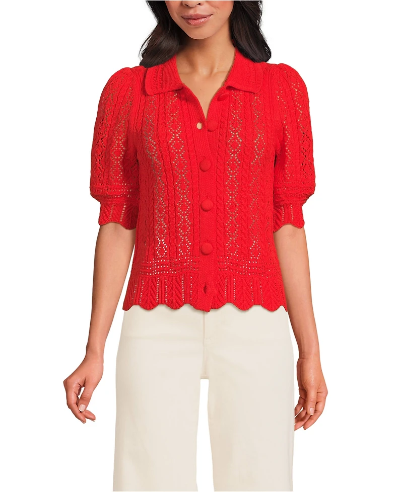 Lands' End Women's Lace Pointelle Puff Sleeve Cardigan Sweater