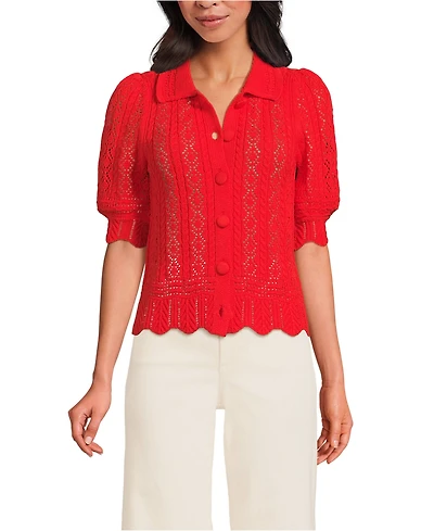 Lands' End Women's Lace Pointelle Puff Sleeve Cardigan Sweater
