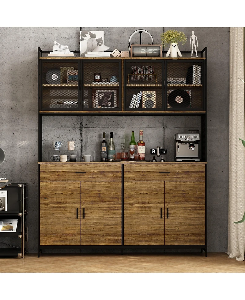Homsee High quality black iron frame, 4-door iron mesh steel wood cabinet, storage cabinet, pantry