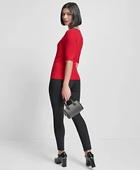 Dkny Womens Embellished Neck Half Sleeve Ribbed Sweater Slim Leg Pull On Ponte Ankle Pant