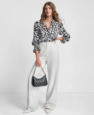 Dkny Womens Long Sleeve Printed Split Neck Button Front Top Stitched Crinkle Trousers