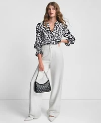 Dkny Womens Long Sleeve Printed Split Neck Button Front Top Stitched Crinkle Trousers