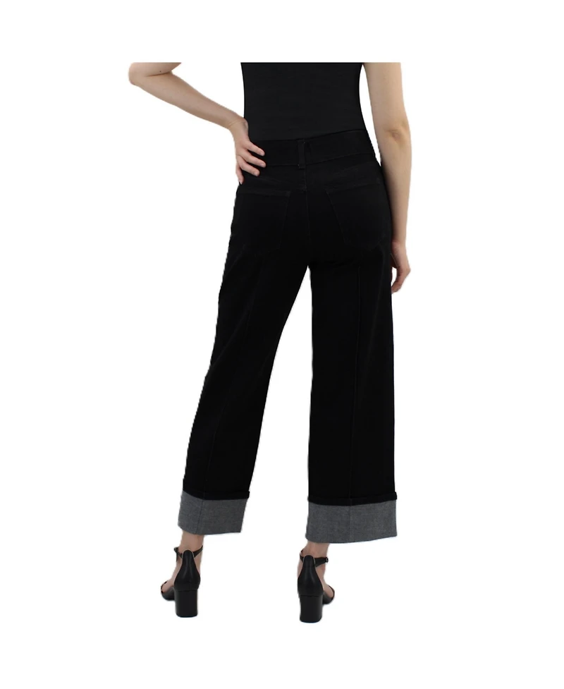 Indigo Poppy Black High-Rise Wide-Leg Cropped Cuff Tummy Tuck Jeans