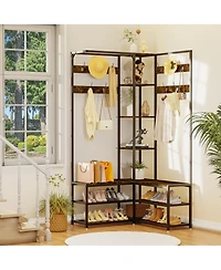 Unho 6 in 1 Coat Rack Shoe Bench Coat Rack Hall Tree with Bench Entryway Corner Coat Stand Large Organizer