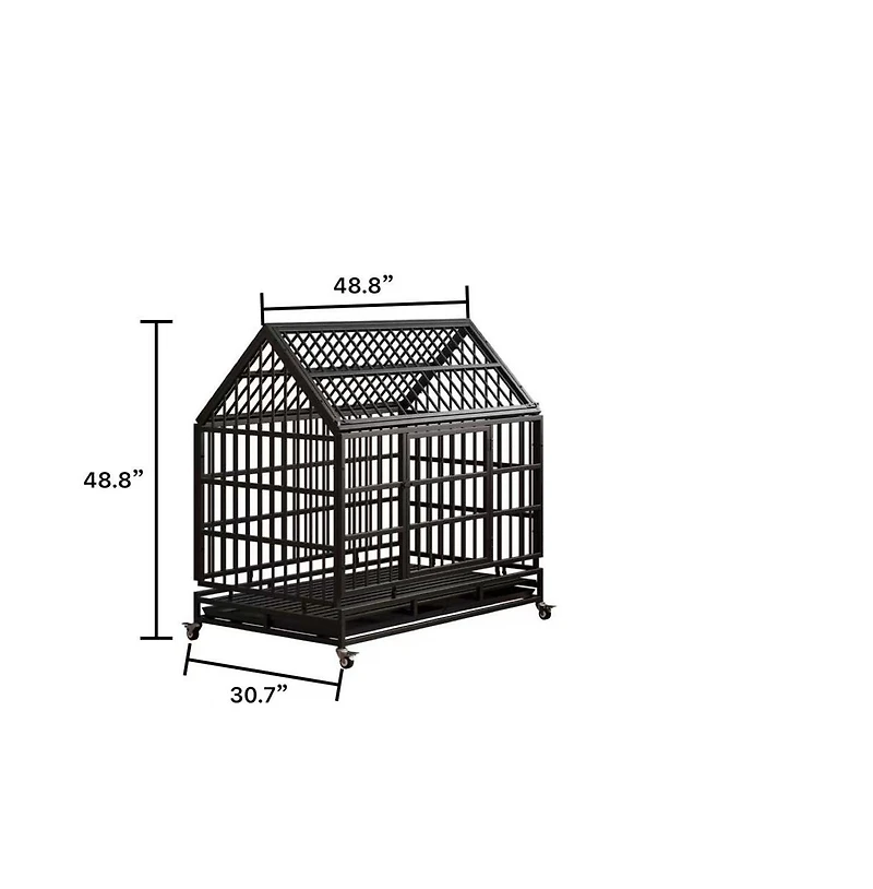 Aostirmotor Black Metal 48 in. Heavy Duty Dog Crate with Wheels, Folding Big Dog Cage with a pointed roof and Removable Tray