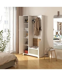 Vanirror White Hall Tree with Bench - Spacious Storage Cabinet for Living Room, Entryway, Bedroom