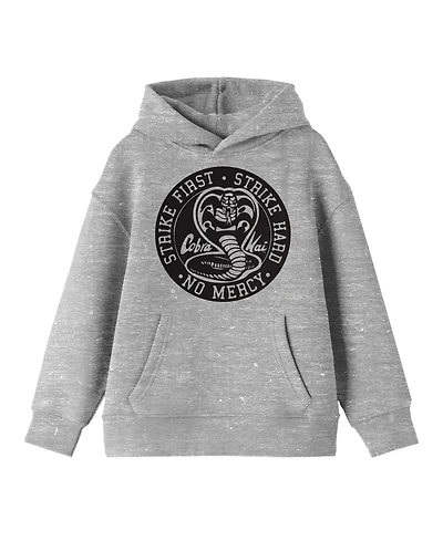 Cobra Kai Boys Strike First Hard Black Seal Long Sleeve Athletic Heather Youth Hooded Sweatshirt-xxl