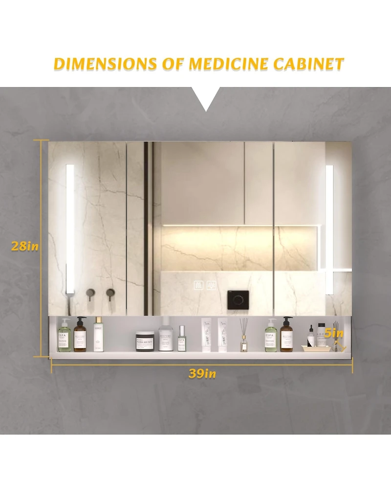 Casainc 39×28 Inch Aluminum Bathroom Mirror Cabinet with Led Lights and Storage Compartments