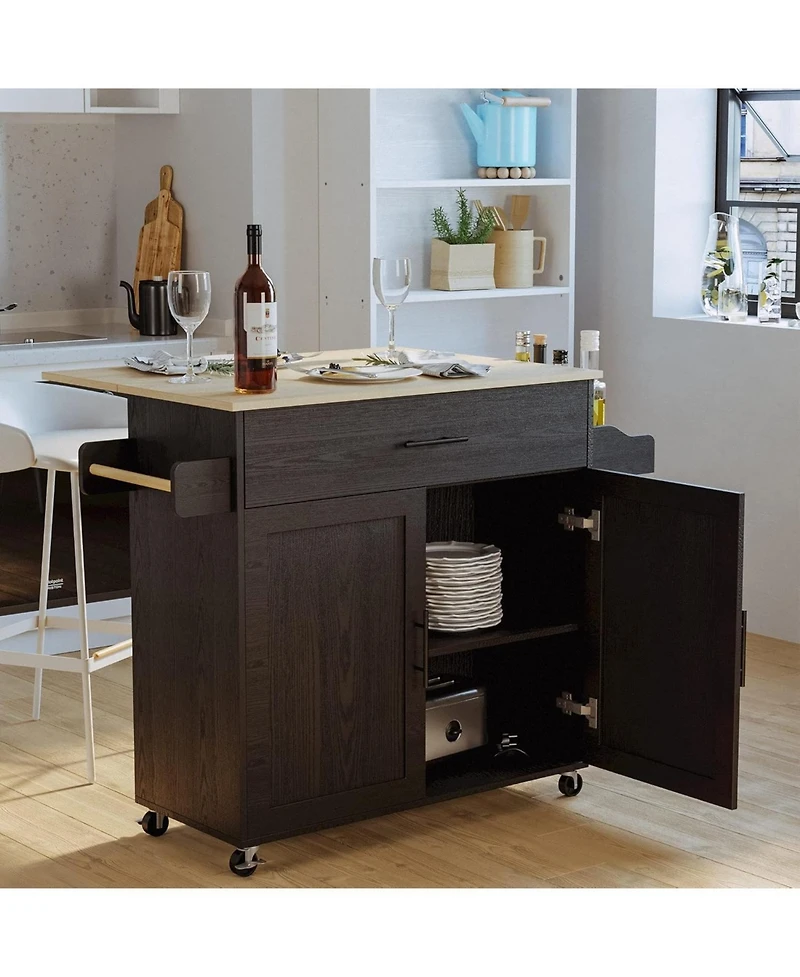 Ironck Rolling Kitchen Island with Drop Leaf, Storage Cabinet, Drawer, Black