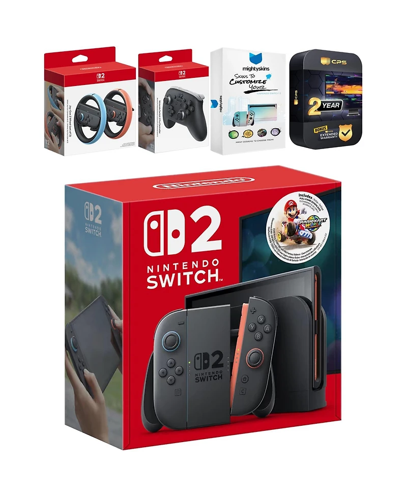 Nintendo Switch 2 Mario Kart World Bundle with Pro Controller, Joy Con Wheel, MightySkins Code and 2 Cps Year Extended Warranty