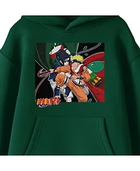 Naruto Sasuke & Naruto In Action Long Sleeve Youth Forest Green Hooded Sweatshirt-Medium