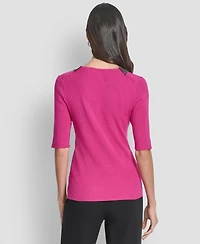 Dkny Women's Embellished-Neck Half-Sleeve Ribbed Sweater