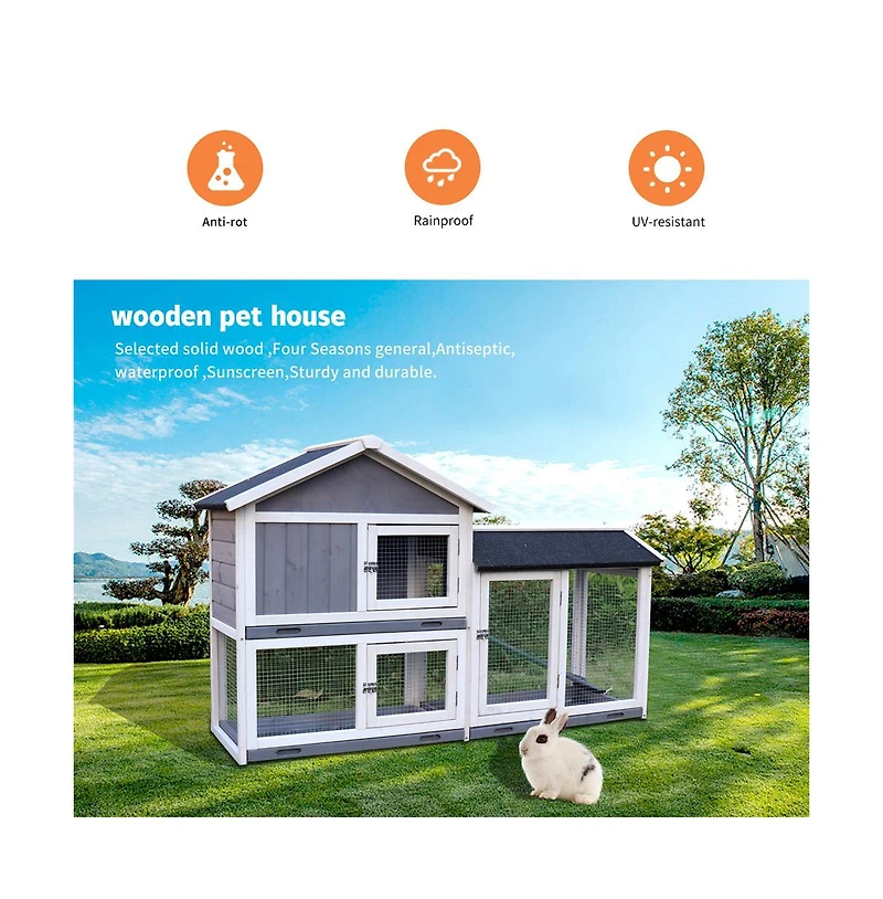 Aostirmotor Outdoor Gray Wood Pet House with Run and Deeper No Leak Tray Removable Bottom Wire Mesh for Small Animals